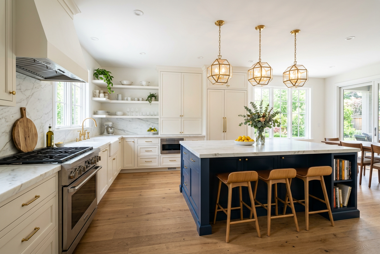 Kitchen with white perimeter cabinets and a navy blue island