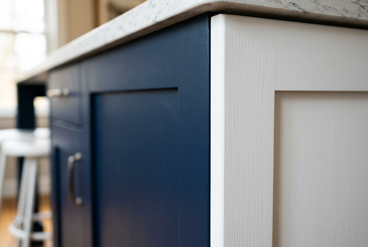 Close-up of the crisp paint transition line between white cabinet trim and a navy island corner