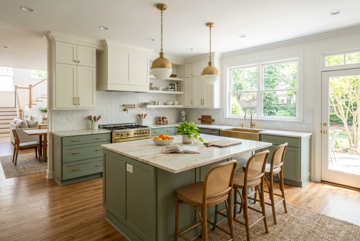 Two-tone kitchen with sage green island and warm white upper cabinets