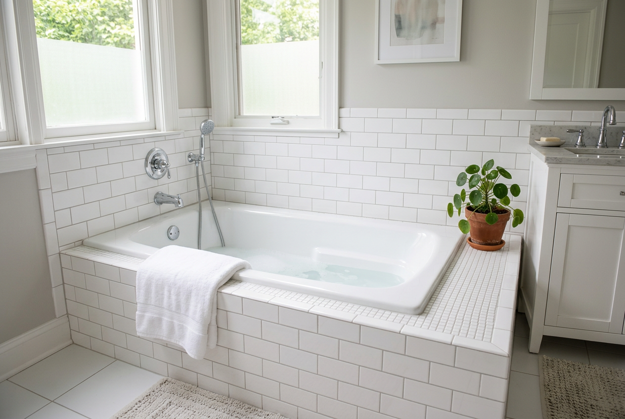 Bright bathroom with a newly reglazed white bathtub