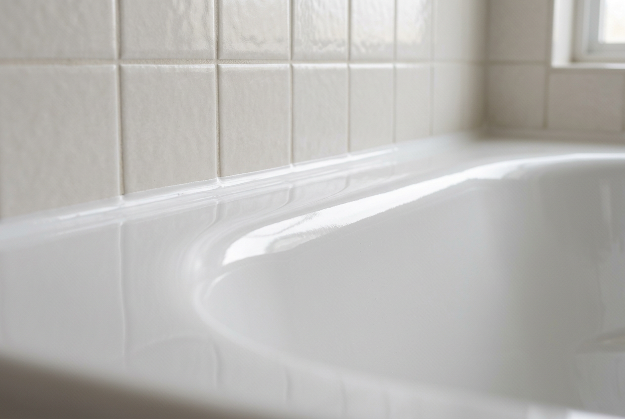 Macro close-up of a glossy reglazed bathtub surface with a clean caulk line