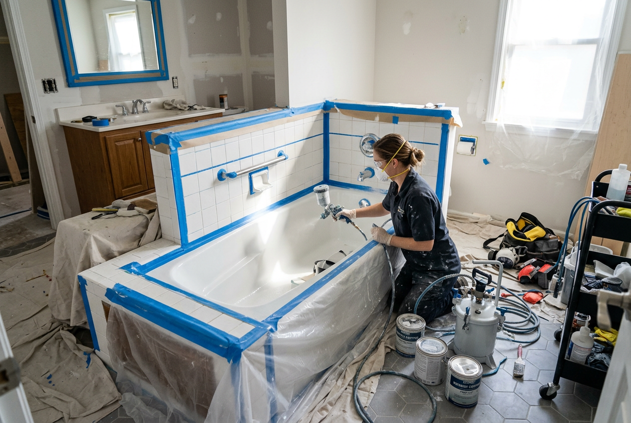 Bathroom mid-renovation with masking tape around tile and fixtures