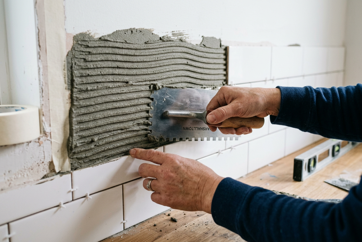 Hands using a notched trowel to spread tile adhesive during backsplash installation