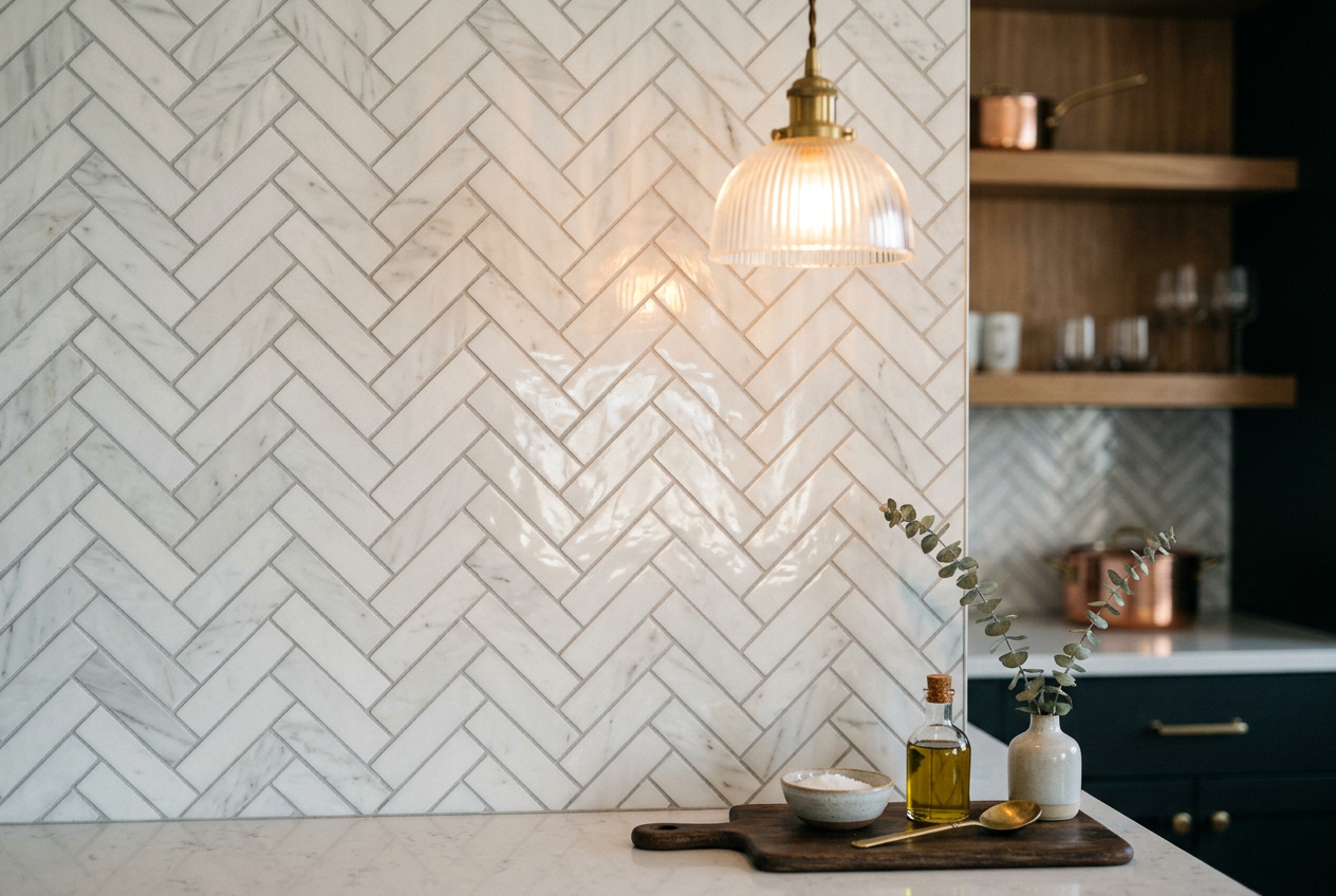 Finished herringbone-pattern tile backsplash with warm pendant light reflection