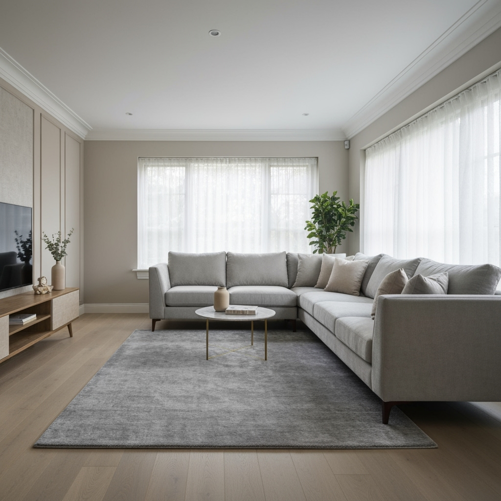 Living room staged in Agreeable Gray for broad buyer appeal