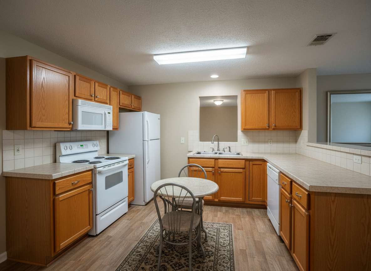 Detail close-up of grout lines and cabinet sheen under light