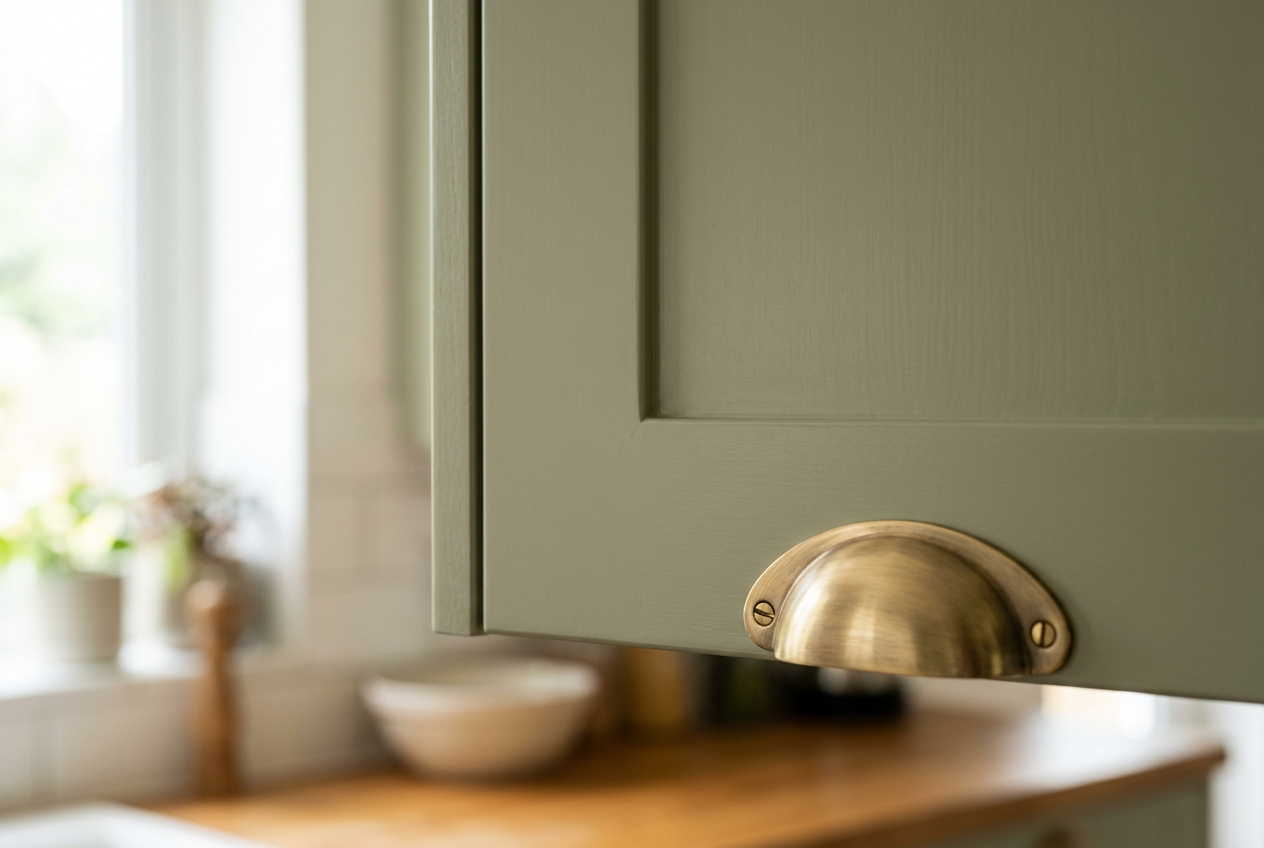 Macro shot of a smooth satin-finish painted cabinet corner with brass hardware