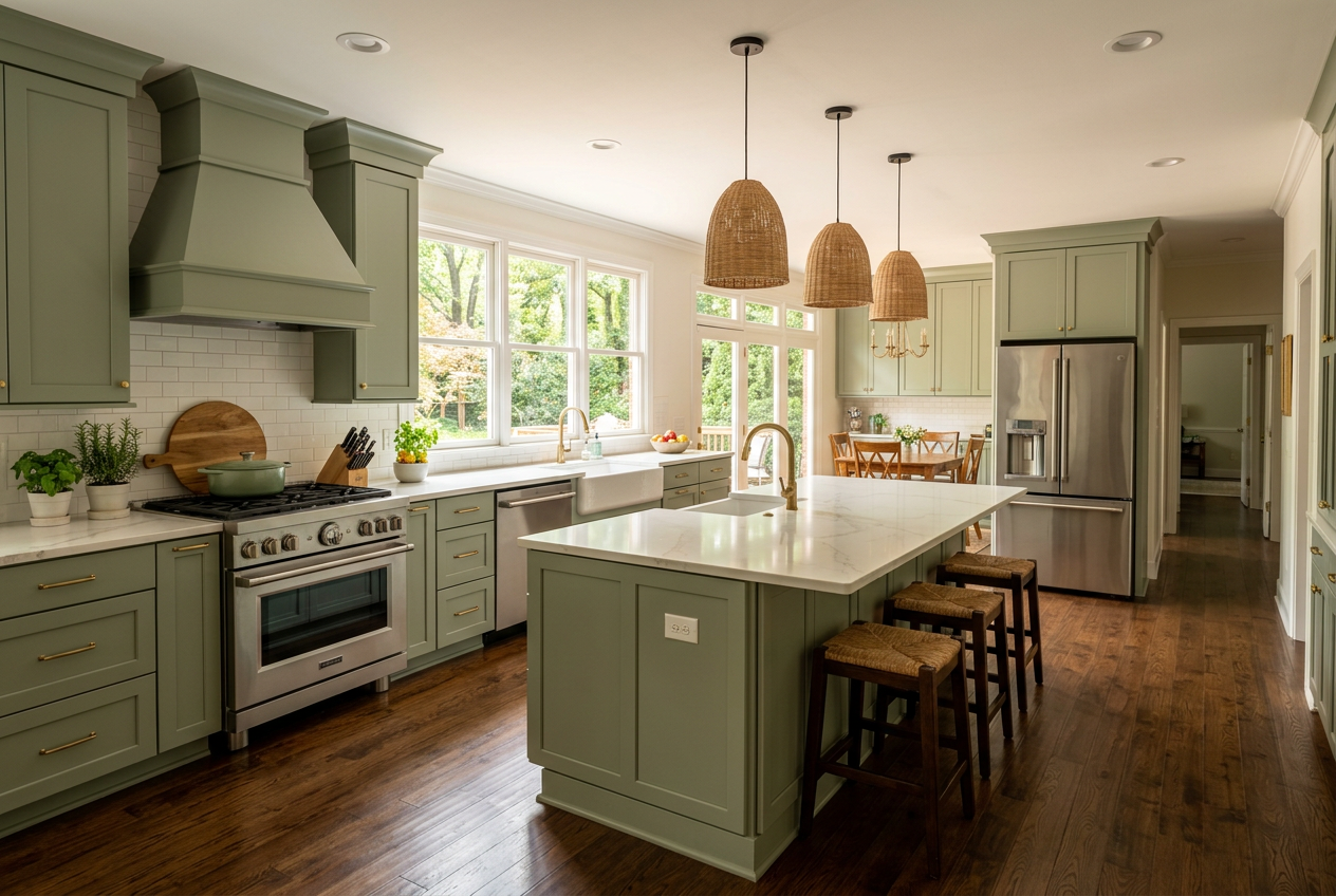 Kitchen with sage green painted cabinets showing durable everyday wear