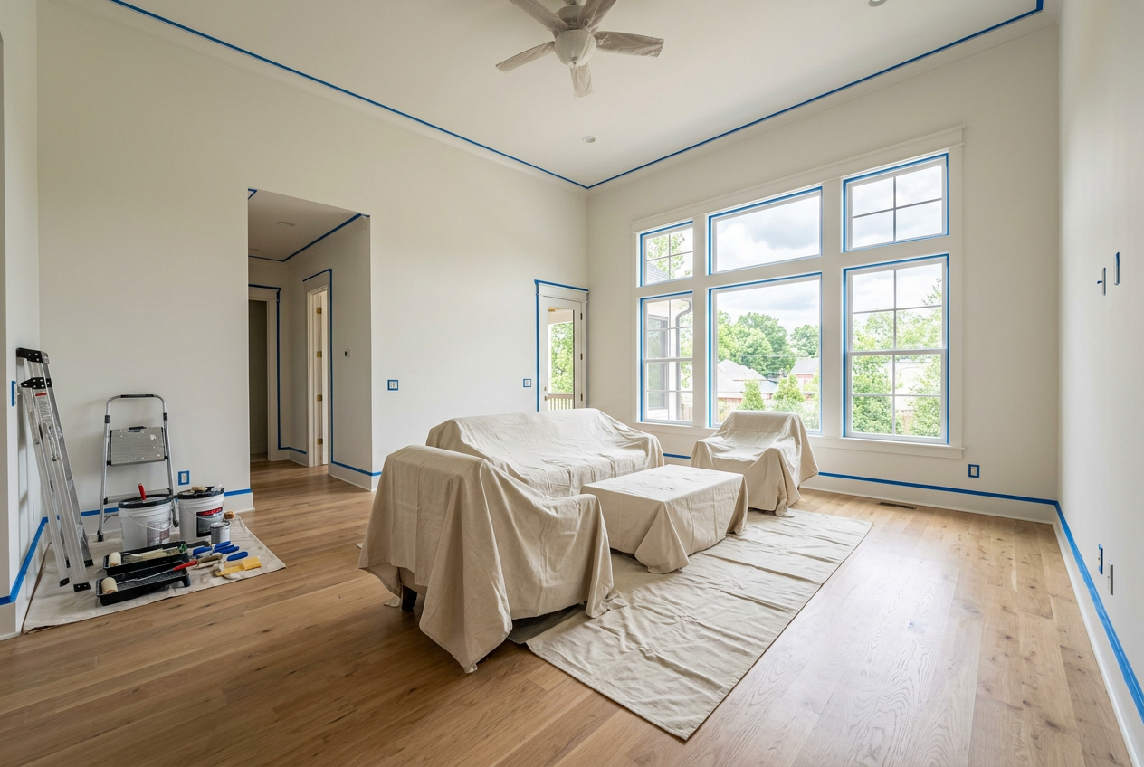 Bright living room prepped for professional painting