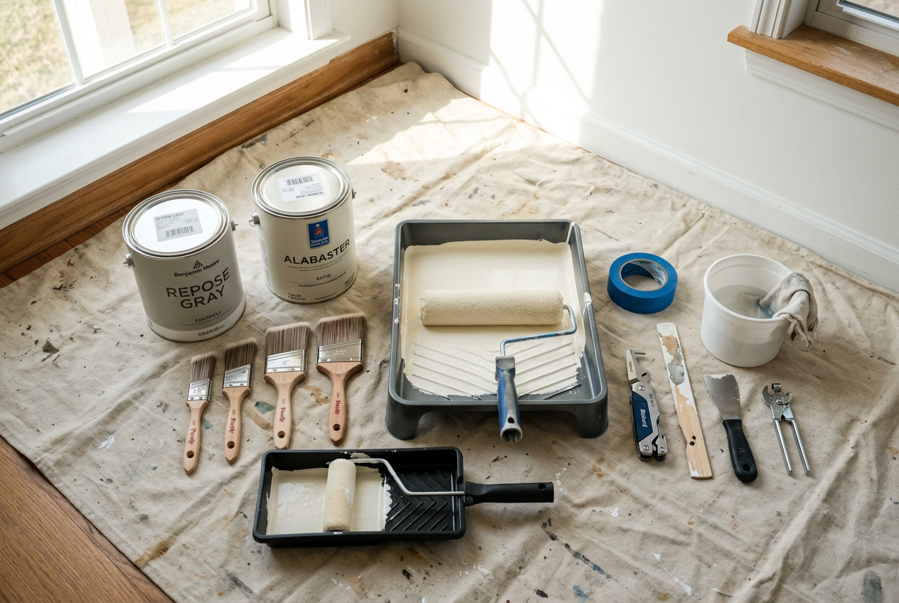 Professional painting supplies neatly organized on a drop cloth