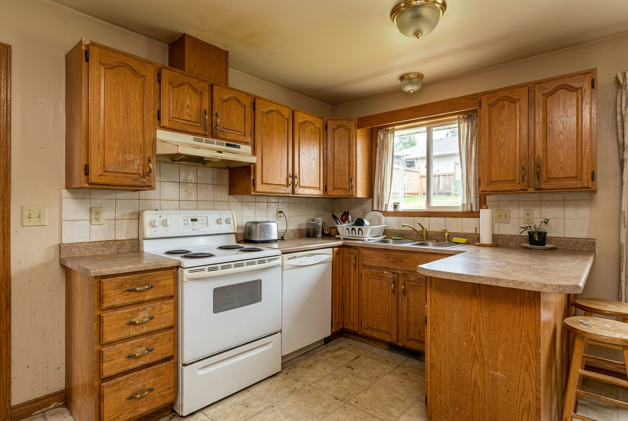 Dated honey-oak kitchen cabinets with worn hardware