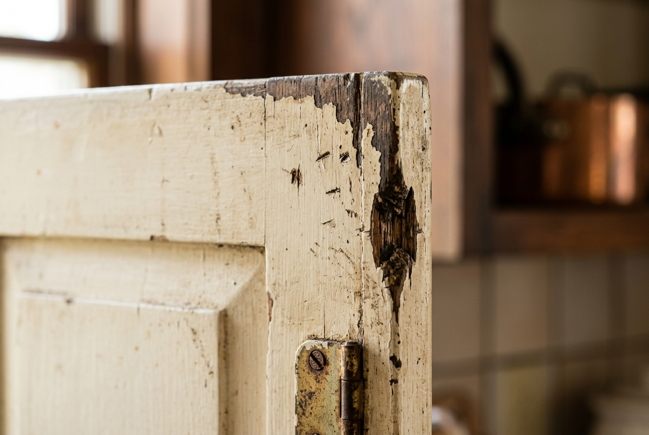 Close-up of a chipped, faded cabinet corner showing worn paint