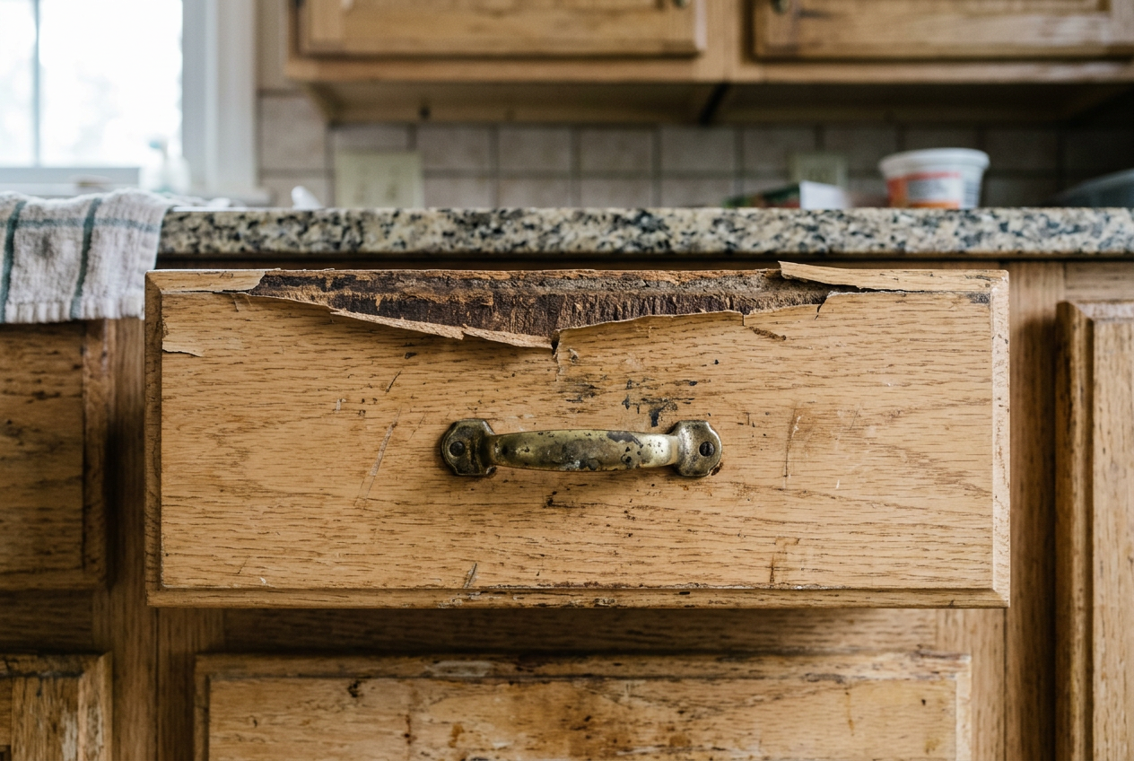 Cabinet drawer front with peeling laminate edge and dull hardware