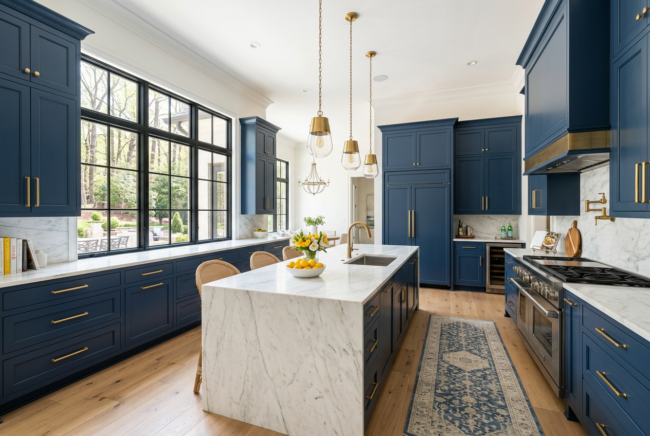 Modern kitchen with navy blue painted cabinets and brass hardware