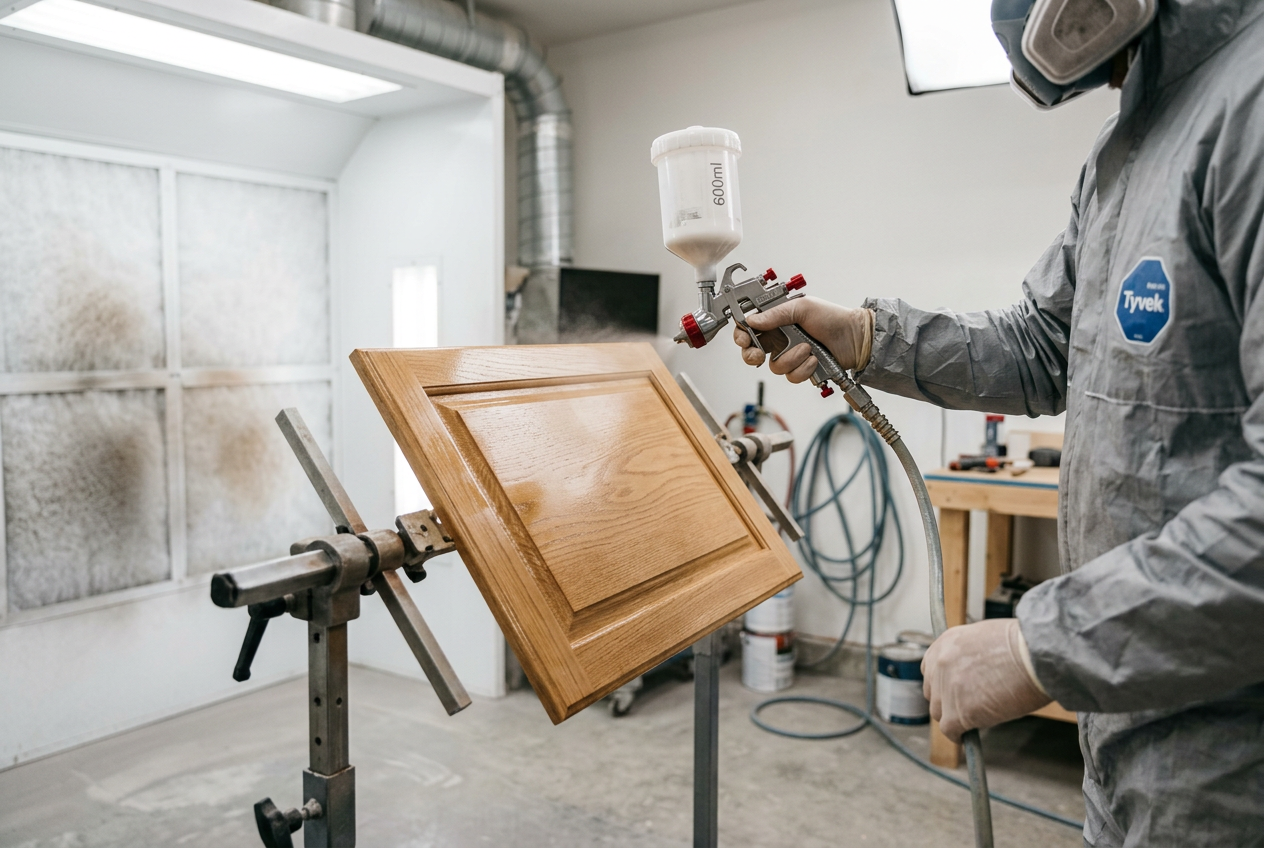 Professional spray gun finishing a cabinet door in a workshop