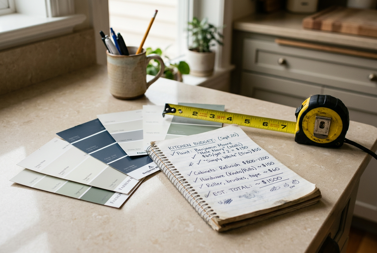 Paint swatches and a budget notepad laid out on a kitchen counter