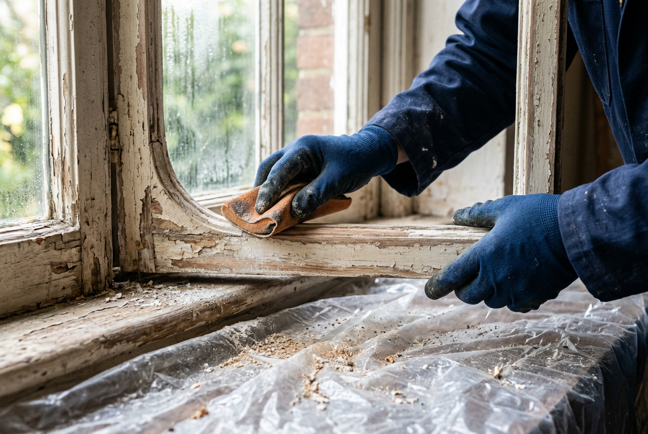 Gloved hands carefully sanding an old painted window frame with dust containment