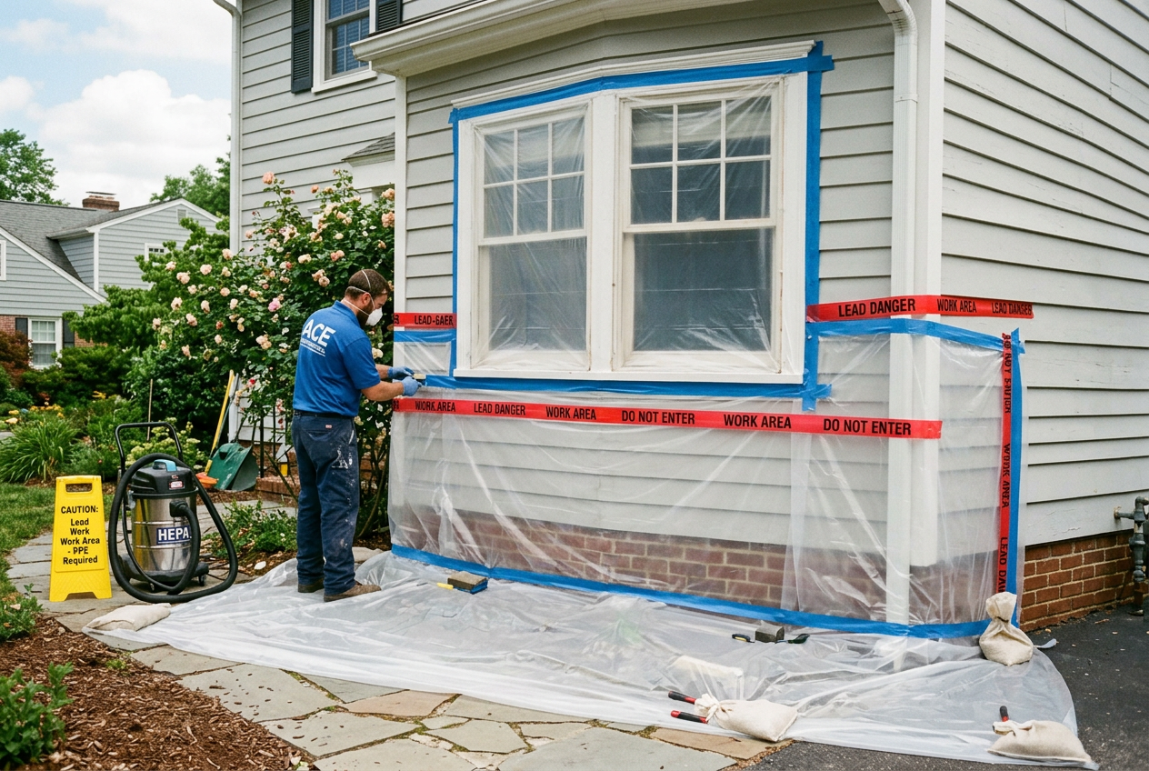 Clear plastic containment sheeting set up around a work area outside a home