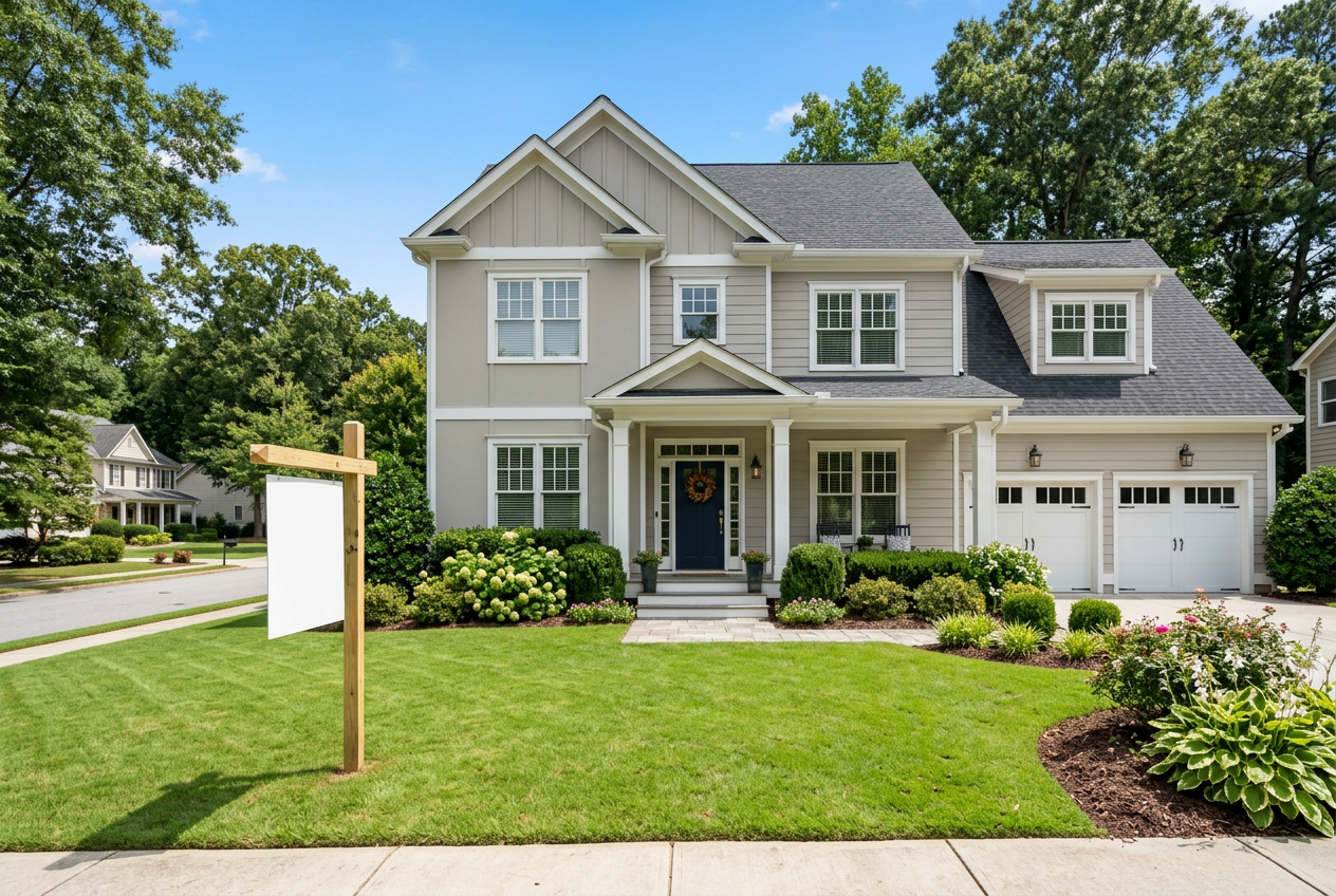Freshly painted Metro Atlanta home exterior with a yard sign