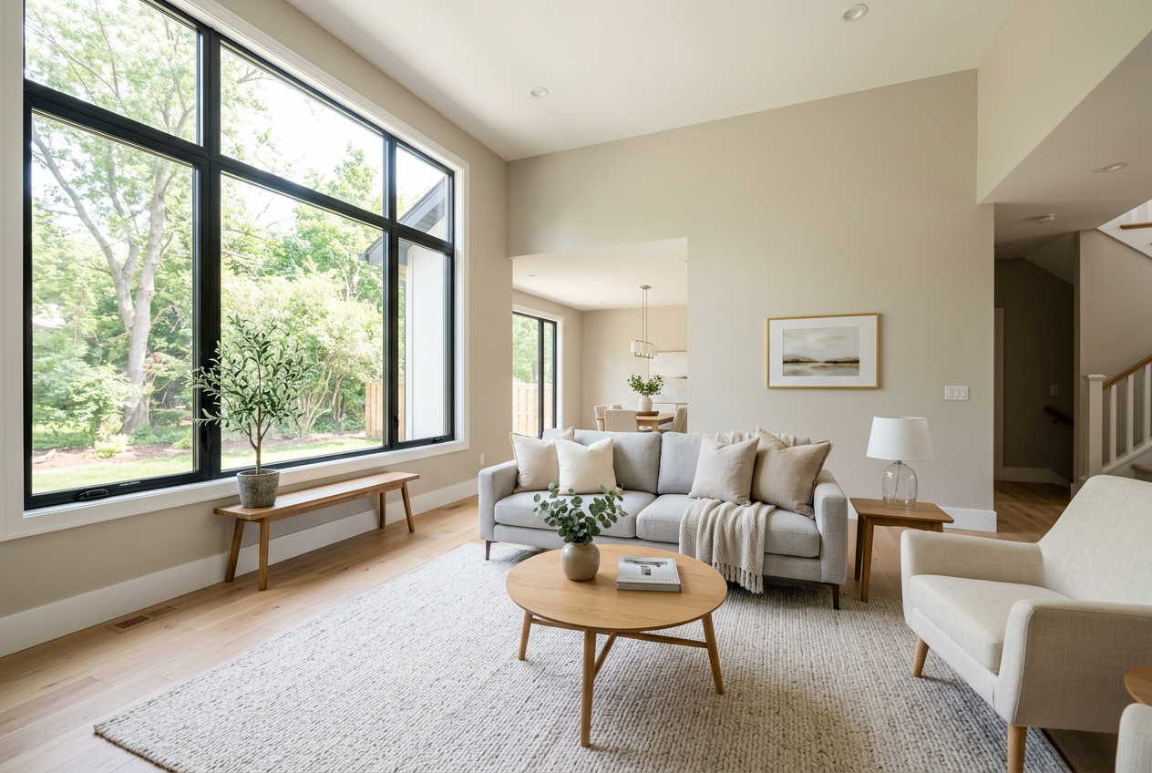 Bright, freshly painted neutral greige living room staged for a real estate showing