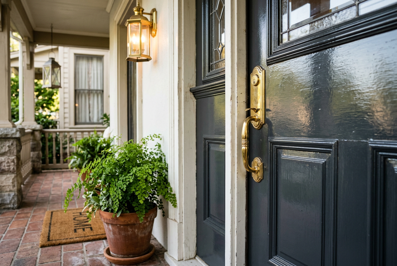 Glossy freshly painted charcoal front door with brass hardware